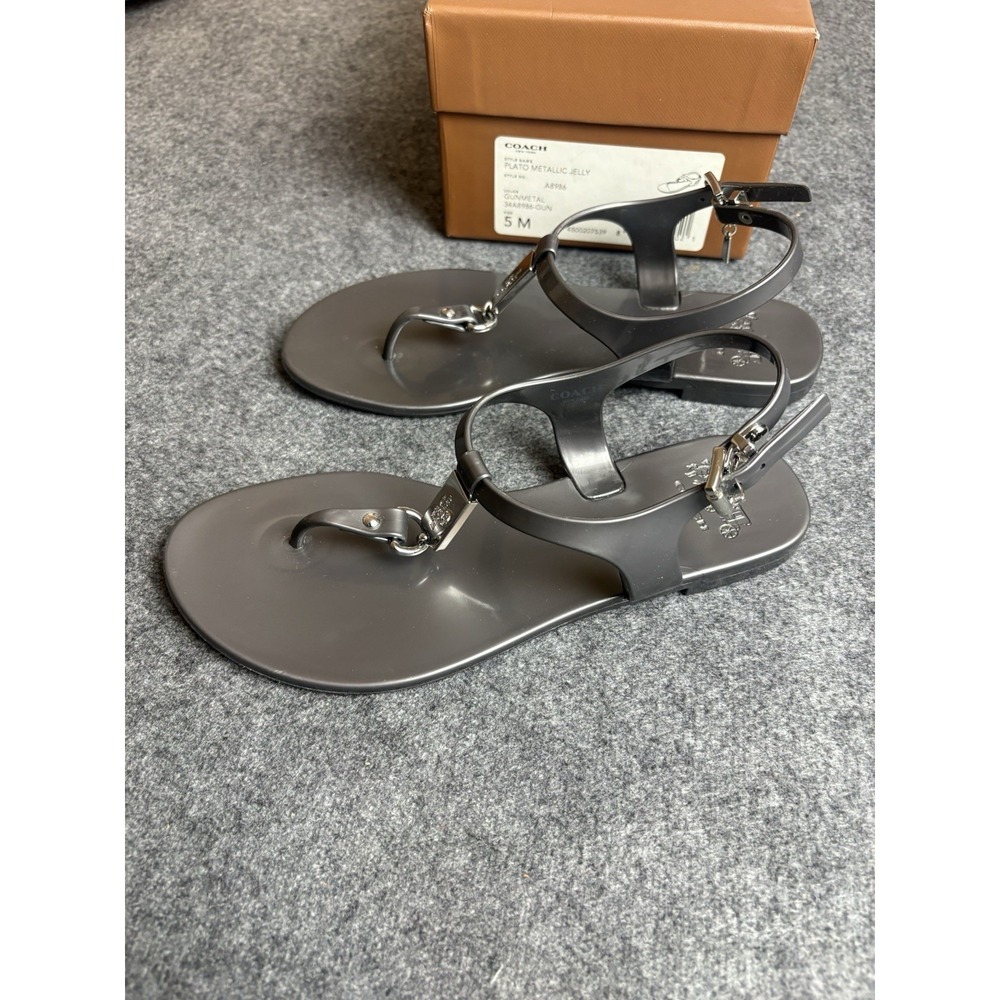 Coach Plato Metallic Jelly Sandals Gunmetal Thong Ankle Strap Size 5M   S1 - Picture 6 of 6